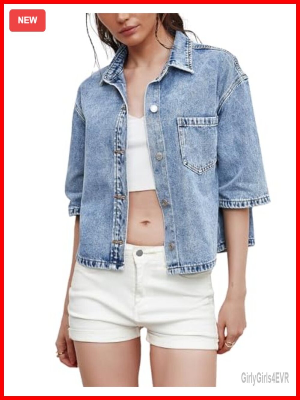 Kedera Denim Button-Down Shirt Short Sleeve Turn-Down Collar Casual Summer